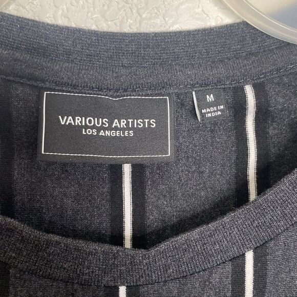 VARIOUS ARTISTS Los Angeles Men’s Black White Striped T Shirt Size M - Picture 2 of 5